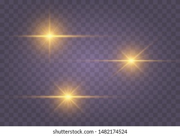 Set of Yellow, gold glowing light explodes on a transparent background. Sparkling magical dust particles. Bright Star. Transparent shining sun, bright flash. Vector sparkles. Light effect 