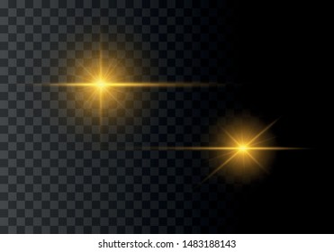 Set of Yellow, gold glowing light explodes on a transparent background. Sparkling magical dust particles. Bright Star. Transparent shining sun, bright flash. Vector sparkles. Light effect 