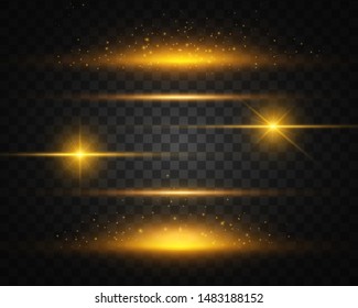 Set of Yellow, gold glowing light explodes on a transparent background. Sparkling magical dust particles. Bright Star. Transparent shining sun, bright flash. Vector sparkles. Light effect 