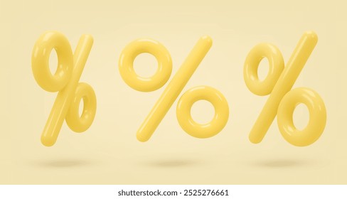 Set yellow, golden, glossy icon, 3d render percent sign. Realistic design element. Vector illustration on yellow, for postcard, icons, poster, banner, web, design, arts. Black Friday Sale