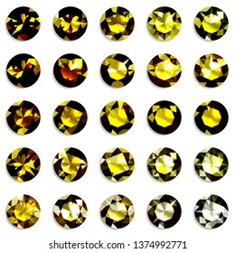 Set of yellow gradient gemstones of round cut. Jewels on white background. Vector illustration.