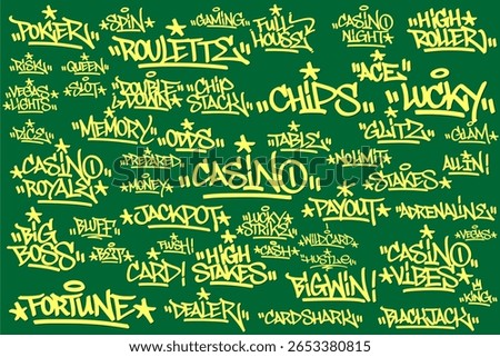 Set of yellow graffiti tags on green background featuring 50 casino theme