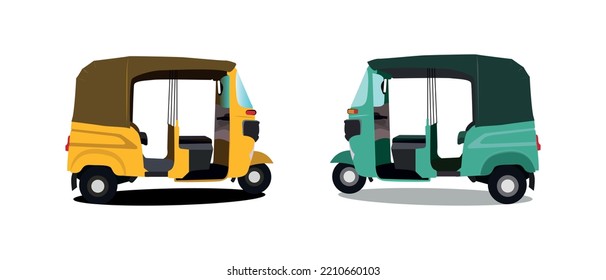 Set of yellow and green auto rickshaw side view illustrations in India.