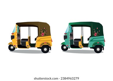 Set of yellow and Green auto-rickshaw illustrations in India. with rickshaw paint on it. front view of tuk-tuk.