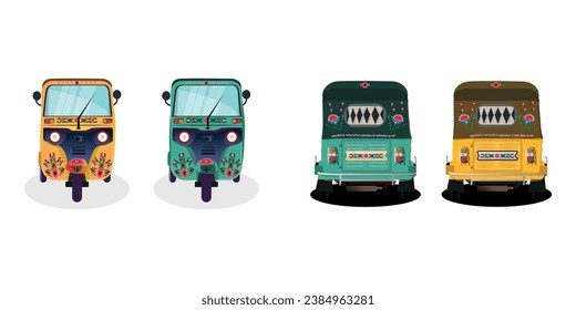 Conjunto de ilustraciones de rickshaw amarillas y verdes en India. con pintura en rickshaw. vista frontal del tuk-tuk.