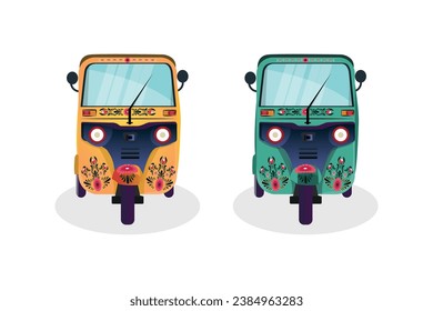 Set of yellow and Green auto-rickshaw illustrations in India. with rickshaw paint on it. front view of tuk-tuk.