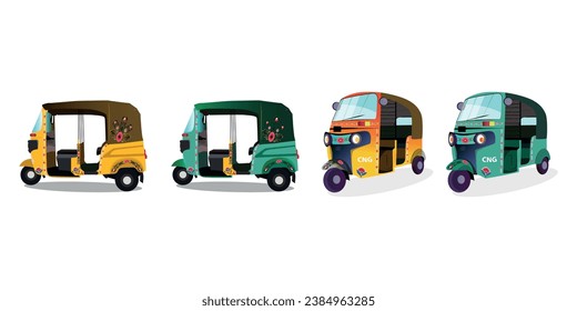 Conjunto de ilustraciones de rickshaw amarillas y verdes en India. con pintura en rickshaw. vista frontal del tuk-tuk.