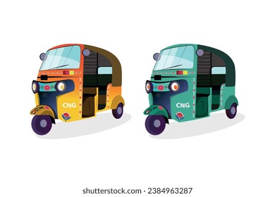 Set of yellow and Green auto-rickshaw illustrations in India. with rickshaw paint on it. front view of tuk-tuk.