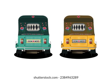 Set of yellow and Green auto-rickshaw illustrations in India. with rickshaw paint on it. front view of tuk-tuk.