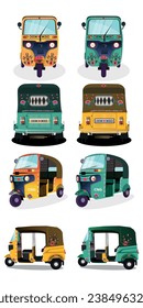 Set of yellow and Green auto-rickshaw illustrations in India. with rickshaw paint on it. front view of tuk-tuk.