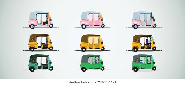 Set of yellow and Green auto-rickshaw illustrations in India. with rickshaw paint on it. front view, side view of tuk-tuk