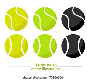 Set of yellow, green and black volume tennis balls on white background. Vector design. Sports, fitness, activity vector illustration. Vector elements of equipment for tennis. Realistic color version.  - Shutterstock ID 731661064
