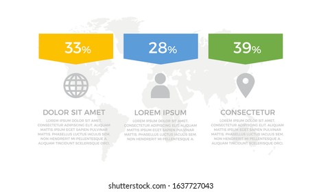 Set of yellow, green and blue elements for infographic with world map presentation slides.