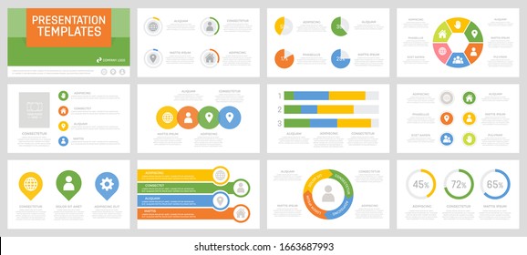 Set of yellow, green, blue and orange elements for multipurpose presentation template slides with graphs and charts.