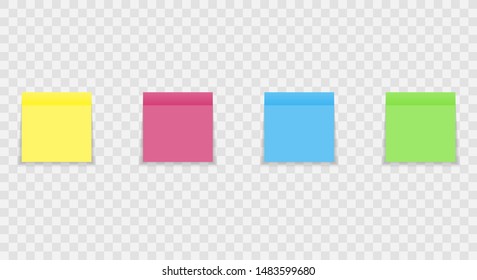 Set of yellow, green, blue and pink paper sticky notes glued to the surface isolated on transparent background. Vector illustration.