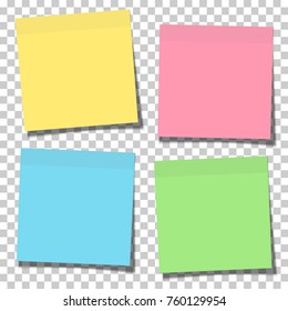 Set of yellow, green, blue and pink paper sticky notes glued to the surface isolated on transparent background. Vector illustration.