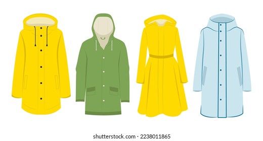 Set of yellow, green, blue raincoats in flat style. Vector illustration of raincoats for men and women on white background.