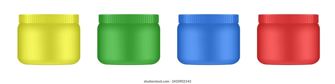 Set of yellow, green, blue and red cosmetic jars. Realistic mockup. Korean packaging. Conditioner or hair mask. Facial cream	