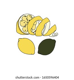 Set yellow and green lemons on a white background. Vector summer fresh tropical citrus fruits eps illustration.