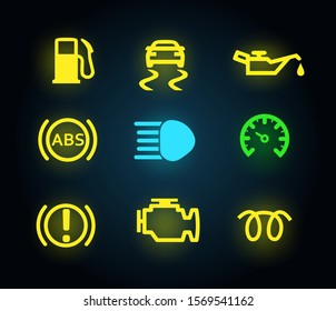 Set of yellow and green light car dashboard panel indicators, icons isolated, petrol, oil, engine, abs, brake, vector illustration.