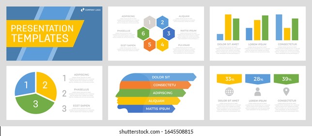 Set of yellow, green, orange and blue elements for multipurpose presentation template slides with graphs and charts.