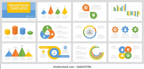Set of yellow, green, orange and blue elements for multipurpose presentation template slides with graphs and charts.