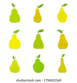 Set with yellow and green pears on a white background. Geometric ornament. Vector juicy fruits for your design of fabrics, wrapping paper, home textiles, wallpaper, postcards.