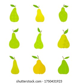 Mit gelben und grünen Birnen auf weißem Hintergrund. Geometrisches Ornament. Vektorsaftfrüchte für Ihr Design von Stoffen, Packpapier, Heimtextilien, Tapeten, Postkarten.