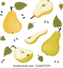 Set of yellow and green pears. Whole, sliced ​​pears, half a pear on a white background. Vector illustration in a flat style.