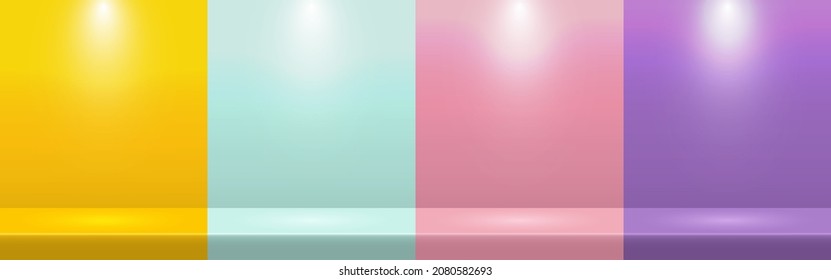 Set of Yellow, Green, Pink, Purple scene background. Empty studio for product display, advertising, show, winner, on pastel color backdrop. Blank stage table floor. Minimal style. Vector illustration. - Shutterstock ID 2080582693
