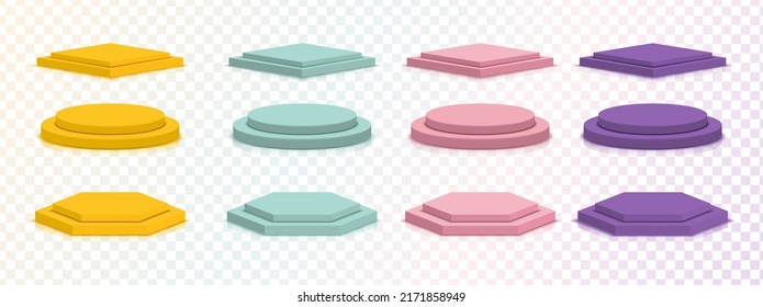 Set of Yellow, Green, Pink, and Purple geometric podium. Collection of platform base for product display isolated on transparent background. Product stand. Vector illustration.