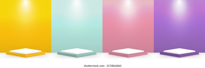 Set Of Yellow, Green, Pink, Purple, Scene Background With Square Stage Podium Minimal Style. Pedestal For Product Display, Advertising, Show Base, Winner On Pastel Color Backdrop. Vector Illustration.