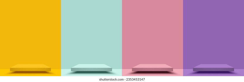 Conjunto de fondo amarillo, verde, rosa, púrpura, escena con podio de escenario cuadrado. Estilo minimalista. Pedestal con para la visualización de productos, publicidad, espectáculo de base en color pastel fondo. Ilustración vectorial.