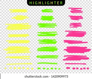Set of yellow, green, pink, strokes line markers. Vector highlight brush lines. Hand drawing sketch underlined, stripes. Elements on an isolated transparent background.