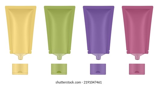 Set of yellow, green, purple and red tubes. Eco-friendly paper package for cosmetics products. Paper tube-pouch. Korean cosmetics. Modern packaging