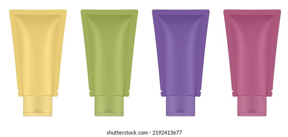 Set of yellow, green, purple and red tubes. Eco-friendly paper package for cosmetics products. Paper tube-pouch. Korean cosmetics. Modern packaging