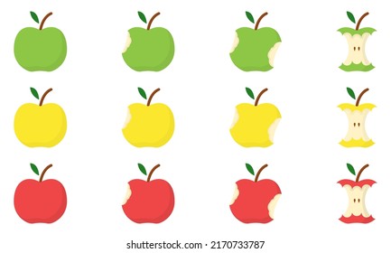 Set of Yellow, Green, Red Apple Bite Stage Concept. Step of Eating Apple from Whole to Half and Core. Healthy Fresh Organic Food. Isolated Vector Illustration.