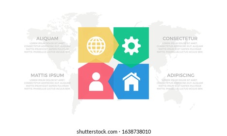 Set of yellow, green, red and blue elements for infographic with world map presentation slides.