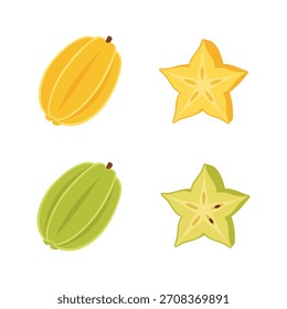 Set von gelben und grünen Sternfrucht-Vektorgrafik für tropisches Fruchtdesign.