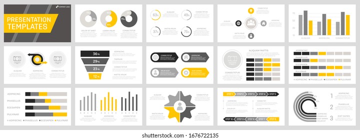 Set of yellow, grey and black elements for multipurpose presentation template slides with graphs and charts.