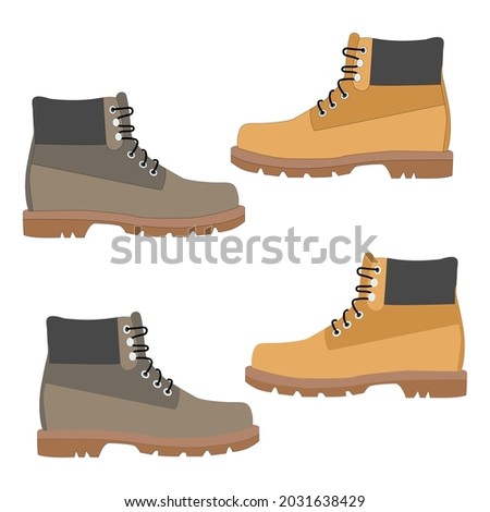 Set of yellow grey leather boots for hiking and walking travelling with laces with and without outline 