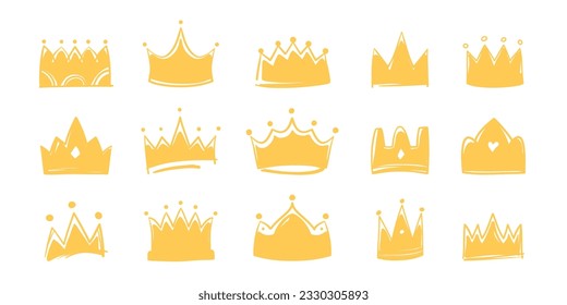 Set of yellow hand drawn doodle crowns, king or queen crowns, vector eps10 illustration