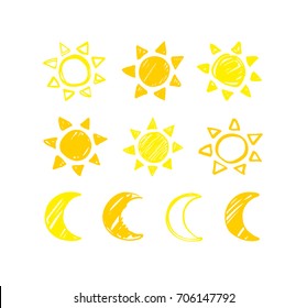 Set of yellow hand drawn sun and moon icons. Vector sketchy design elements isolated on a white background