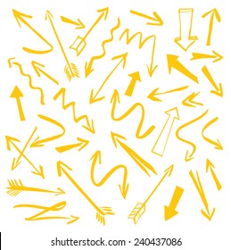 Set of yellow hand-drawn arrows on a white background. Vector outline illustration.