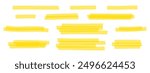 Set of yellow highlight marker lines. Different transparent hand drawn pen or brush underlines for important text selection isolated on white background. Vector realistic illustration.