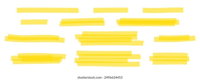 Set of yellow highlight marker lines. Different transparent hand drawn pen or brush underlines for important text selection isolated on white background. Vector realistic illustration.