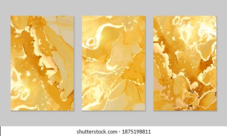 Set of yellow, honey and gold marble abstract patterns. Alcohol ink technique stone texture. Vector background. Modern paint with glitter. Banner, poster design template.