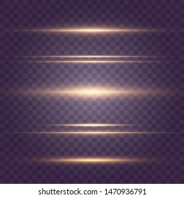 Set of Yellow horizontal lens flares pack. Laser beams, horizontal light rays.Beautiful light flares. Glowing streaks on dark background. Luminous abstract sparkling lined background. Vector eps 10