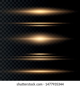 Set of Yellow horizontal lens flares pack. Laser beams, horizontal light rays.Beautiful light flares. Glowing streaks on dark background. Luminous abstract sparkling lined background. Vector eps 10