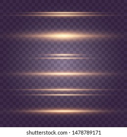 Set of Yellow horizontal lens flares pack. Laser beams, horizontal light rays.Beautiful light flares. Glowing streaks on dark background. Luminous abstract sparkling lined background. Vector eps 10
